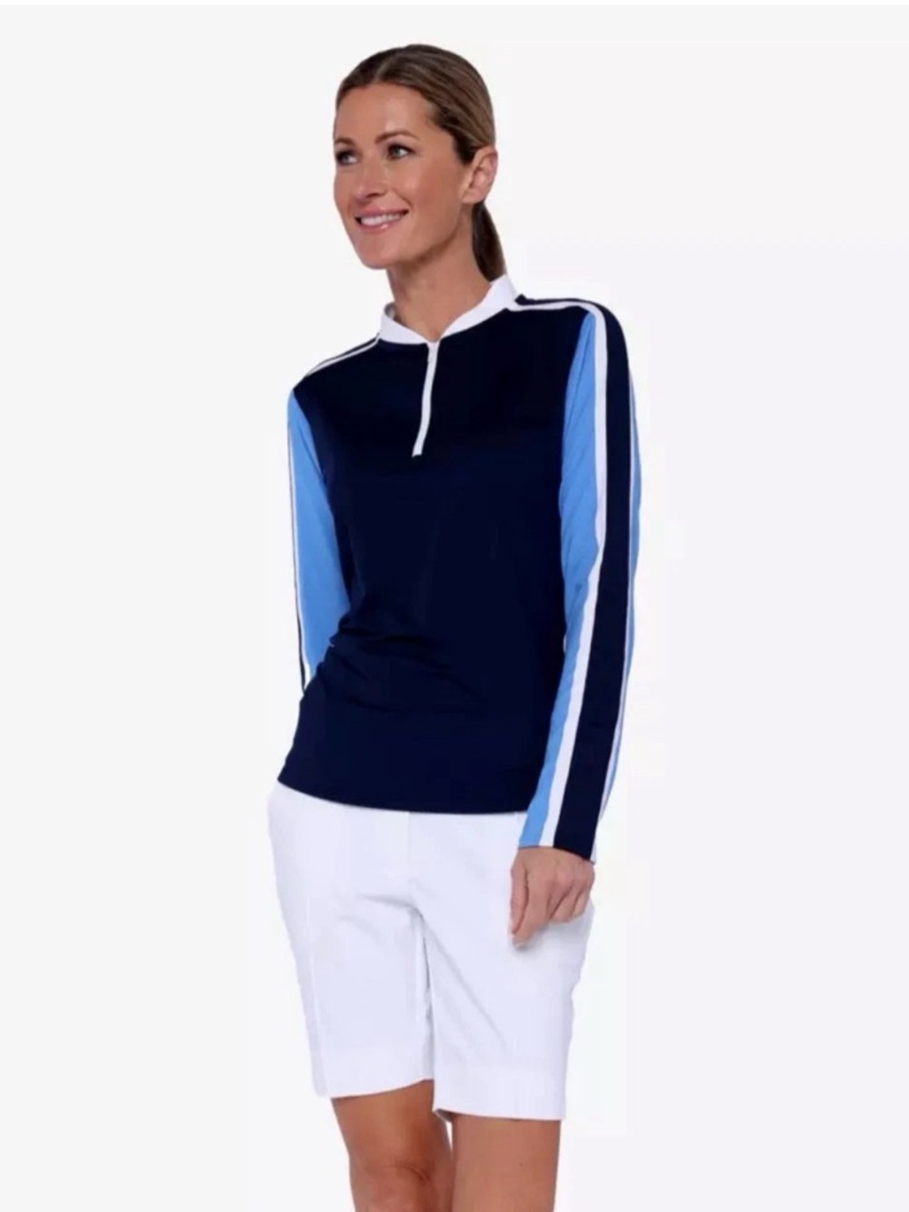 BELYN KEY Golf Venus L/Sleeve Top Coastal BLUE Md UPF 50+ 1/4 Zip Sun Protect